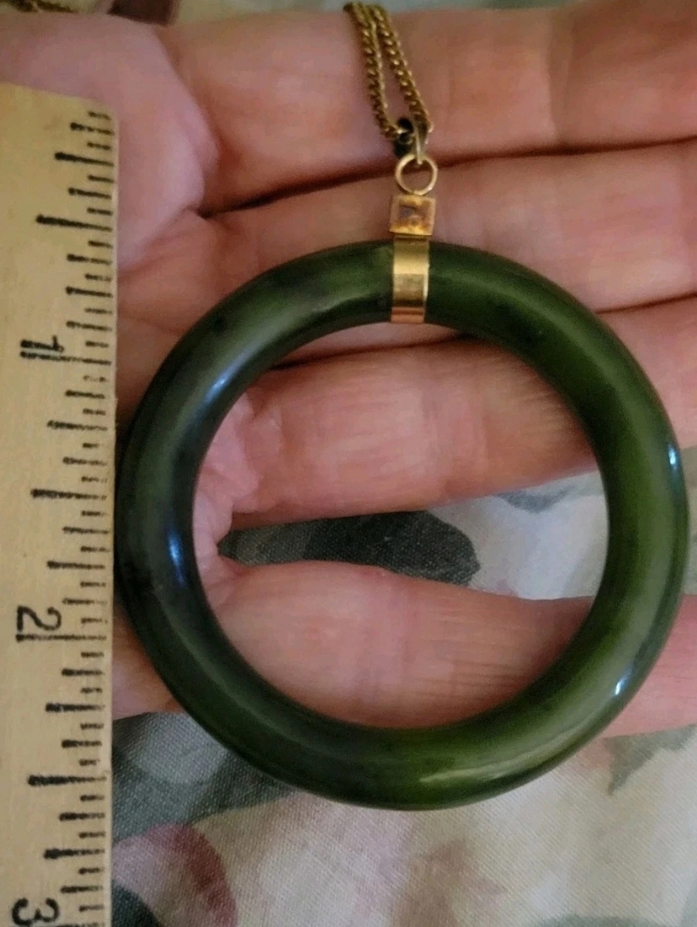 Vintage 14k Gold 2.5" Dark Green Genuine Jade Donut Pendant